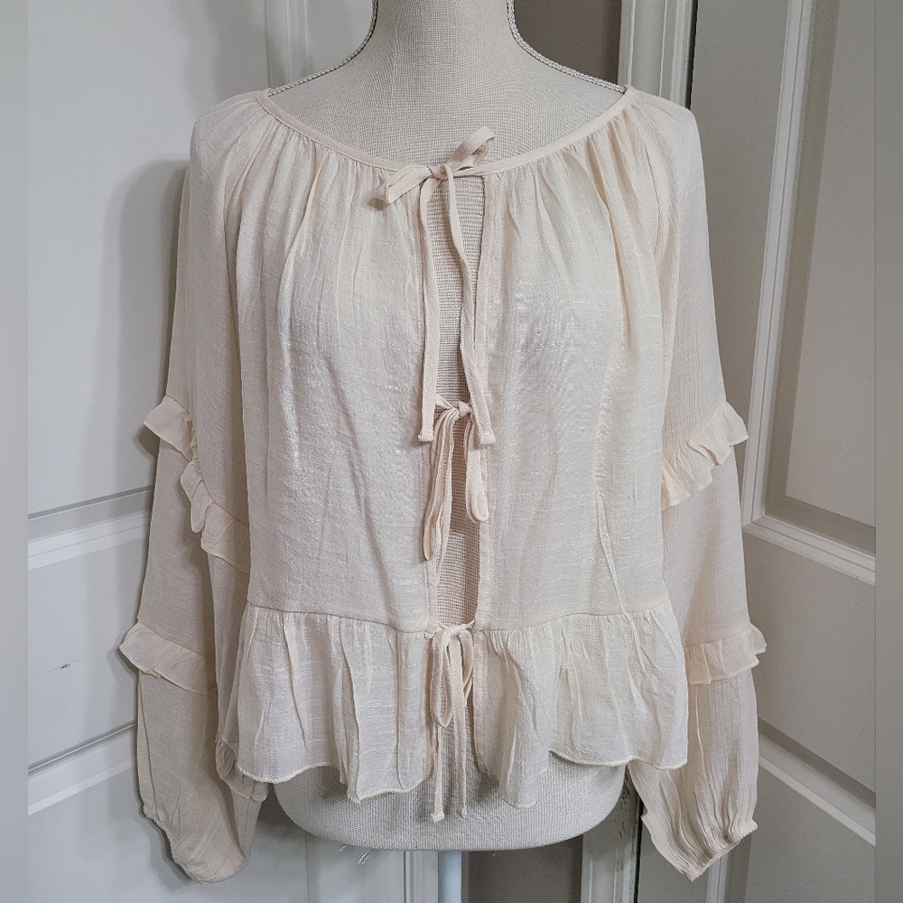Altar'd State Cream Open Front Tie Ruffle Blouse